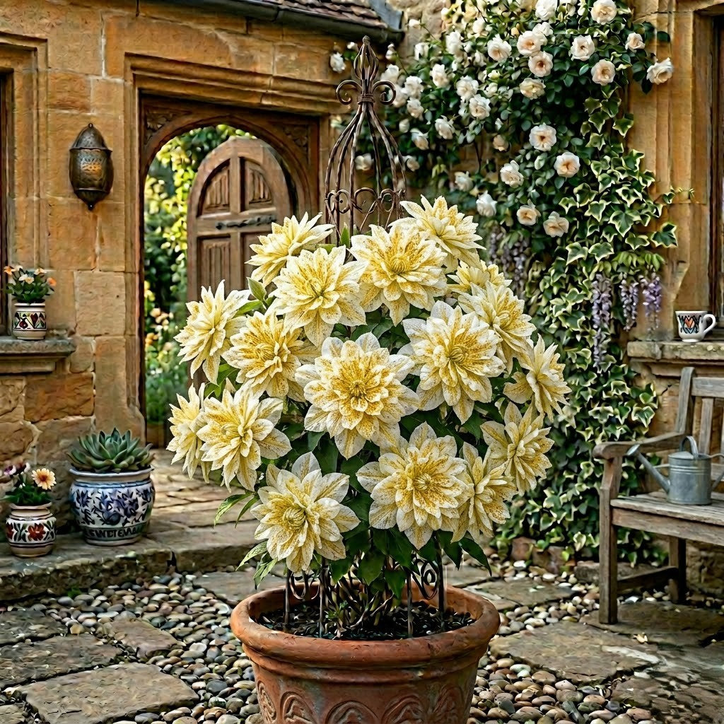Clematis cu Floare Batuta - Flori Crem Striate Duble