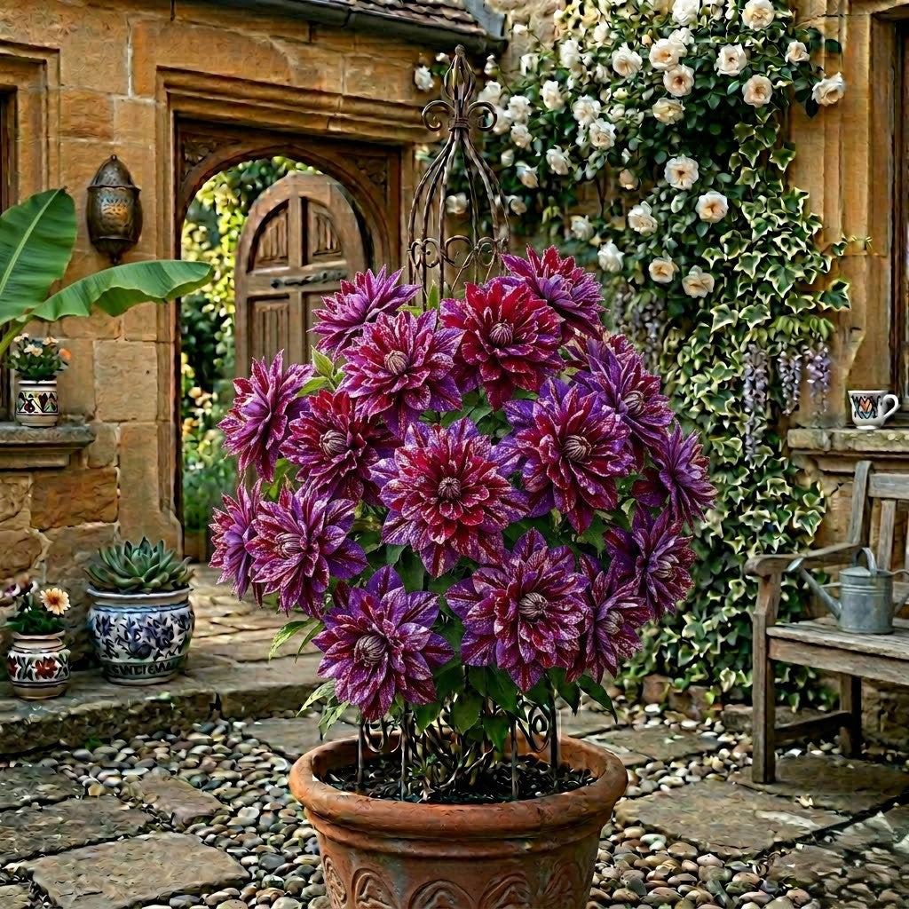 Clematis cu Floare Batuta - Flori Mov Striate Duble